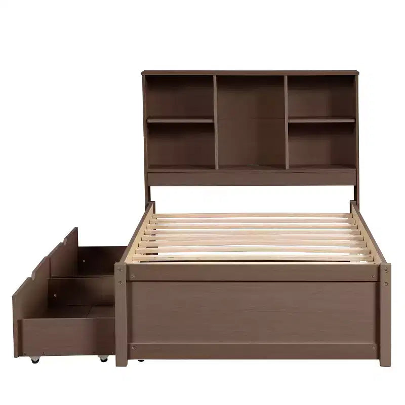 Struttura letto singola con testiera a libreria, porta USB e 2 cassetti portaoggetti – Noce
