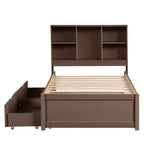 Struttura letto singola con testiera a libreria, porta USB e 2 cassetti portaoggetti – Noce