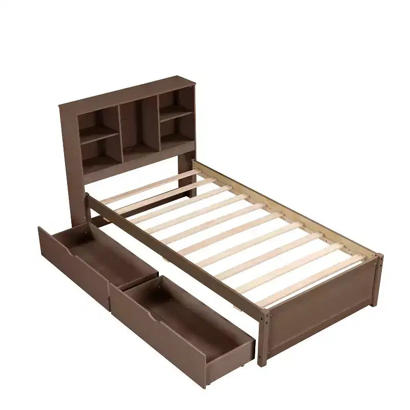 Struttura letto singola con testiera a libreria, porta USB e 2 cassetti portaoggetti – Noce