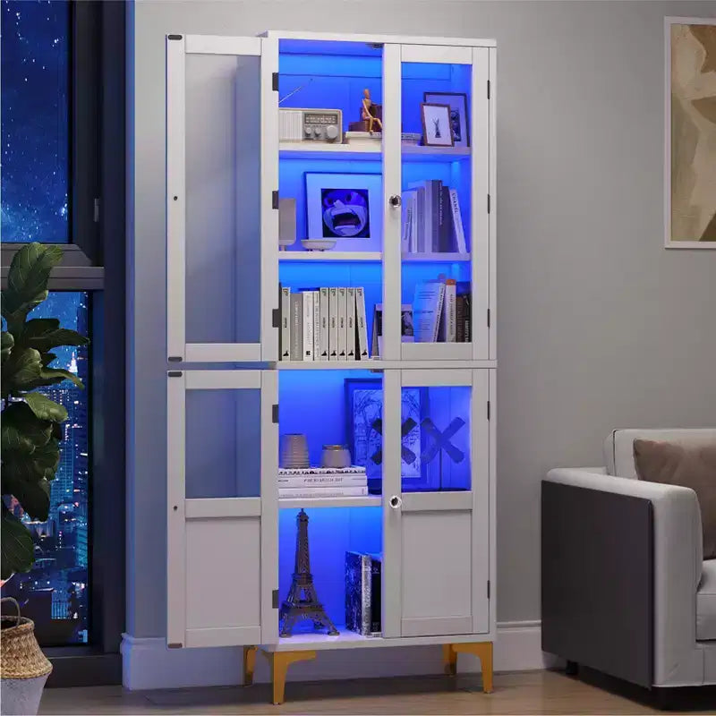 Armadietto contenitore alto 165 cm con illuminazione a LED, 4 ante e ripiani regolabili