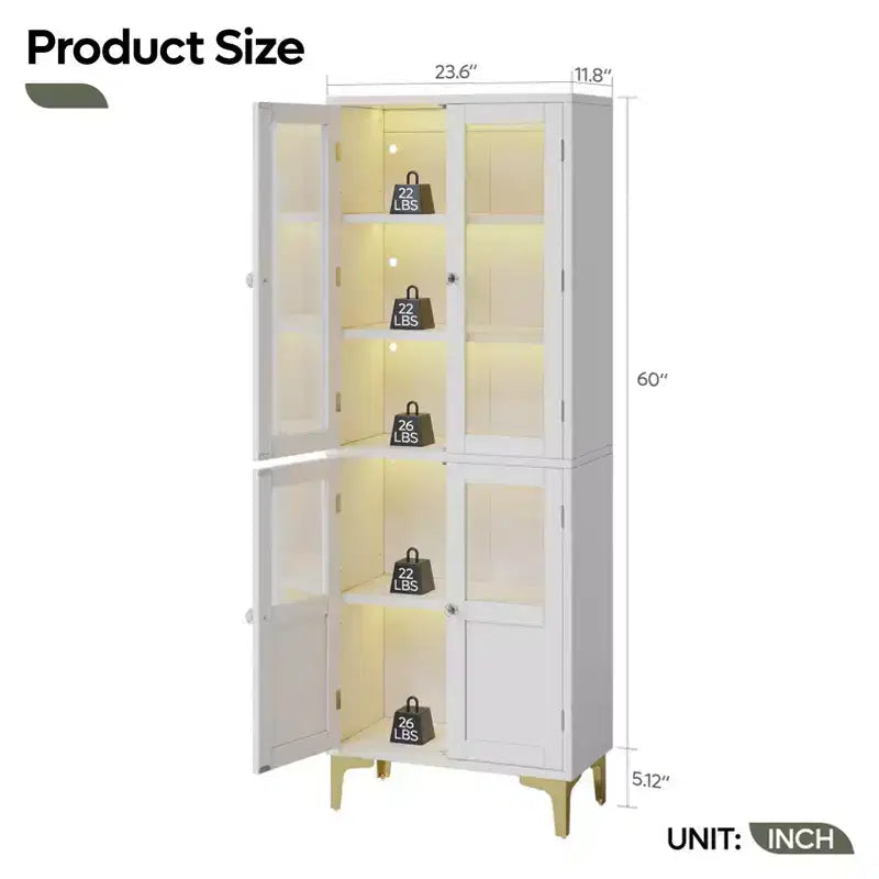 Armadietto contenitore alto 165 cm con illuminazione a LED, 4 ante e ripiani regolabili