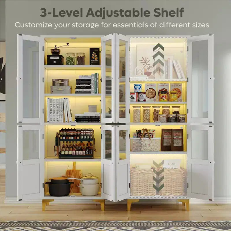 Armadietto contenitore alto 165 cm con illuminazione a LED, 4 ante e ripiani regolabili