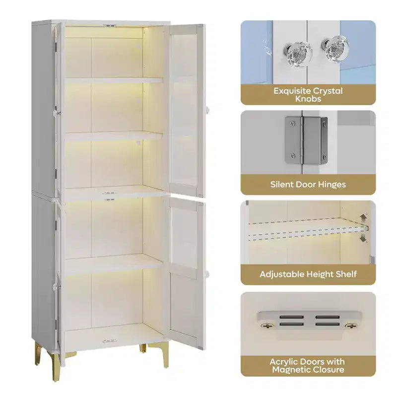 Armadietto contenitore alto 165 cm con illuminazione a LED, 4 ante e ripiani regolabili
