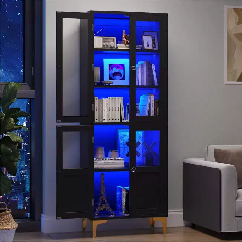 Armadietto contenitore alto 165 cm con illuminazione a LED, 4 ante e ripiani regolabili