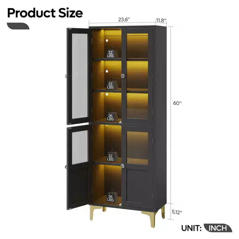 Armadietto contenitore alto 165 cm con illuminazione a LED, 4 ante e ripiani regolabili
