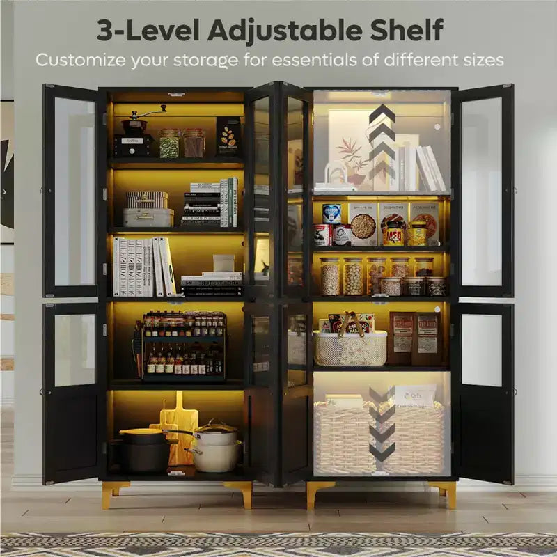 Armadietto contenitore alto 165 cm con illuminazione a LED, 4 ante e ripiani regolabili