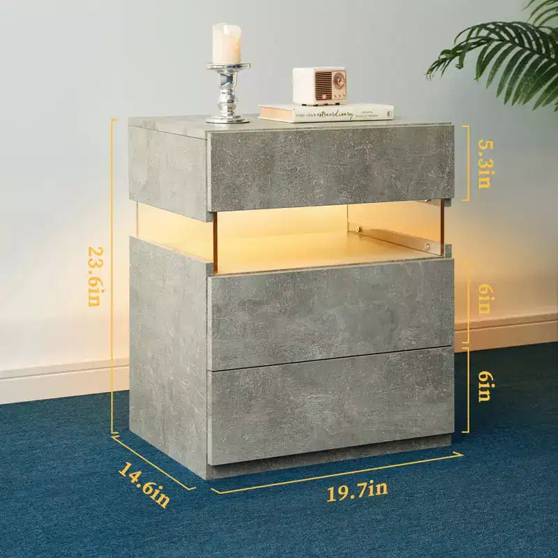 Comodino moderno con pannello in acrilico e 3 cassetti a LED