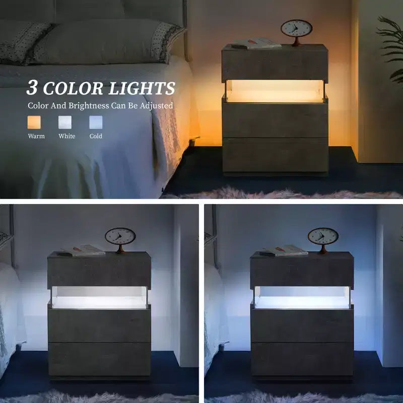 Comodino moderno con pannello in acrilico e 3 cassetti a LED