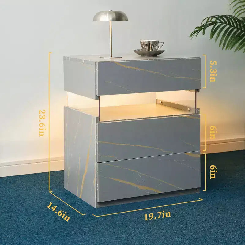 Comodino moderno con pannello in acrilico e 3 cassetti a LED