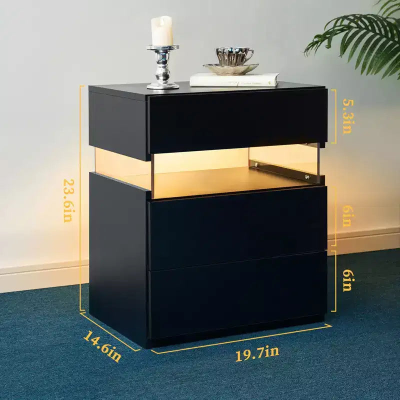 Comodino moderno con pannello in acrilico e 3 cassetti a LED