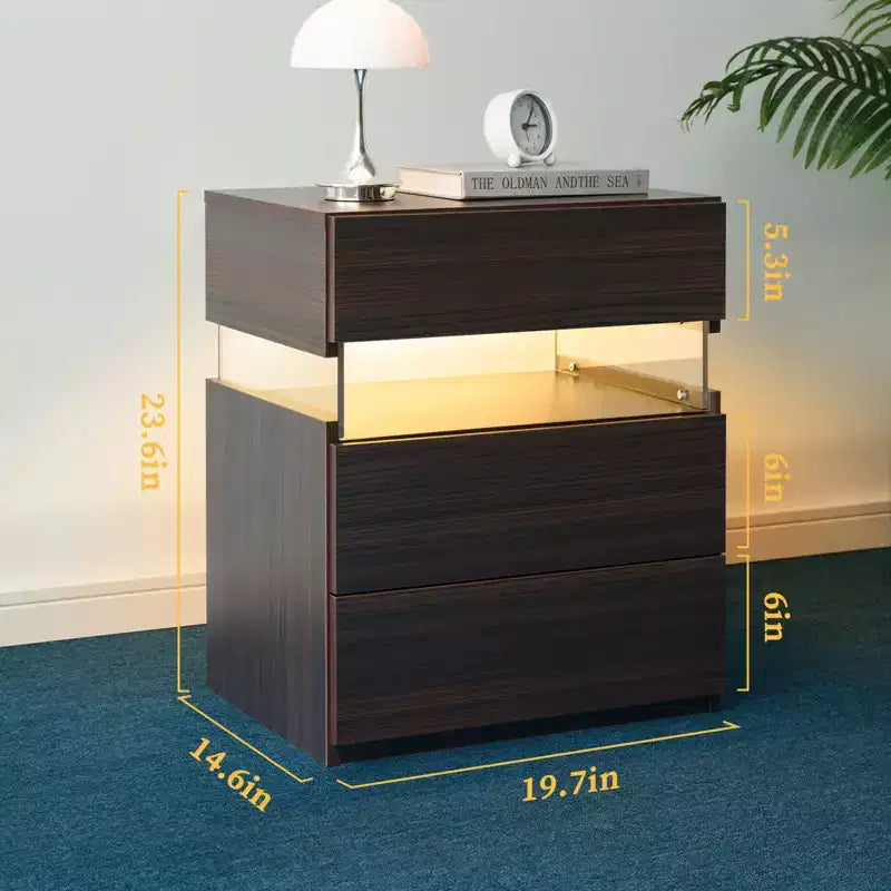 Comodino moderno con pannello in acrilico e 3 cassetti a LED