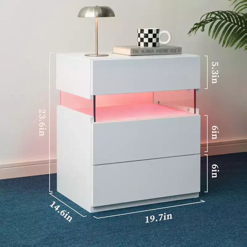 Comodino moderno con pannello in acrilico e 3 cassetti a LED