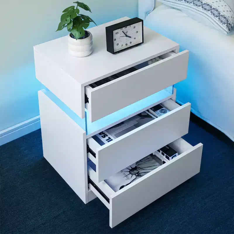 Comodino moderno con pannello in acrilico e 3 cassetti a LED