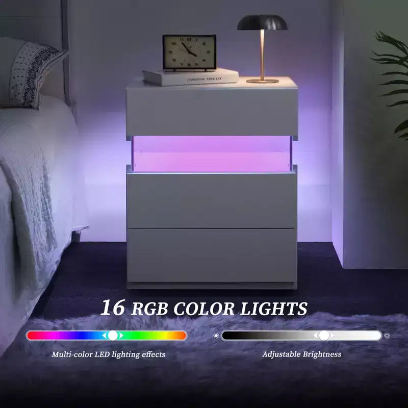 Comodino moderno con pannello in acrilico e 3 cassetti a LED
