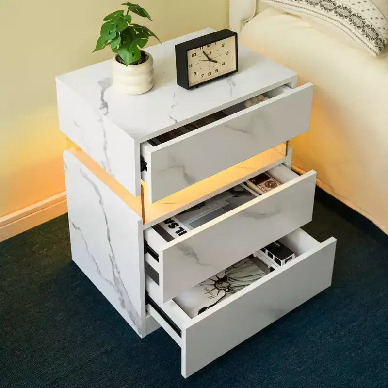 Comodino moderno con pannello in acrilico e 3 cassetti a LED