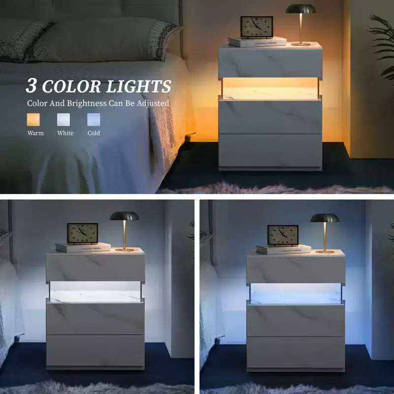 Comodino moderno con pannello in acrilico e 3 cassetti a LED