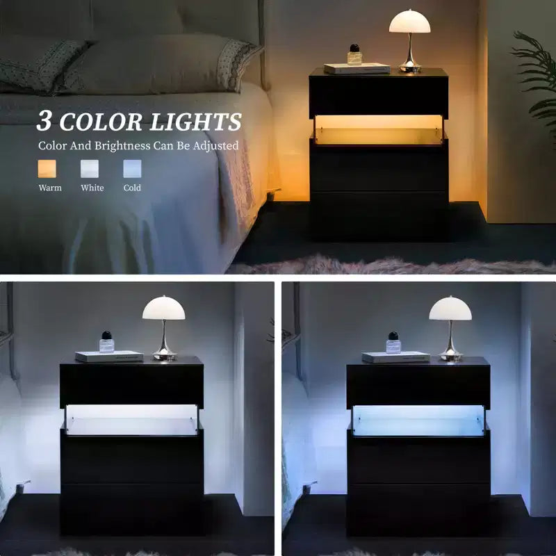 Comodino moderno con pannello in acrilico e 3 cassetti a LED