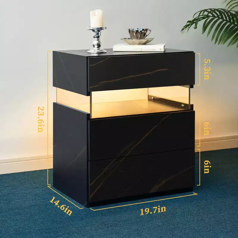 Comodino moderno con pannello in acrilico e 3 cassetti a LED