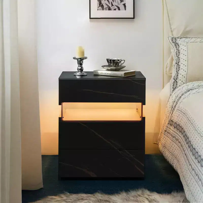 Comodino moderno con pannello in acrilico e 3 cassetti a LED