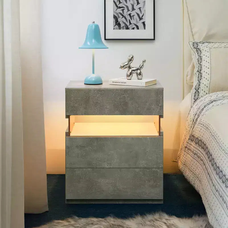 Comodino moderno con pannello in acrilico e 3 cassetti a LED
