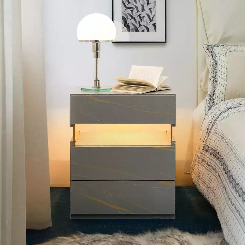 Comodino moderno con pannello in acrilico e 3 cassetti a LED