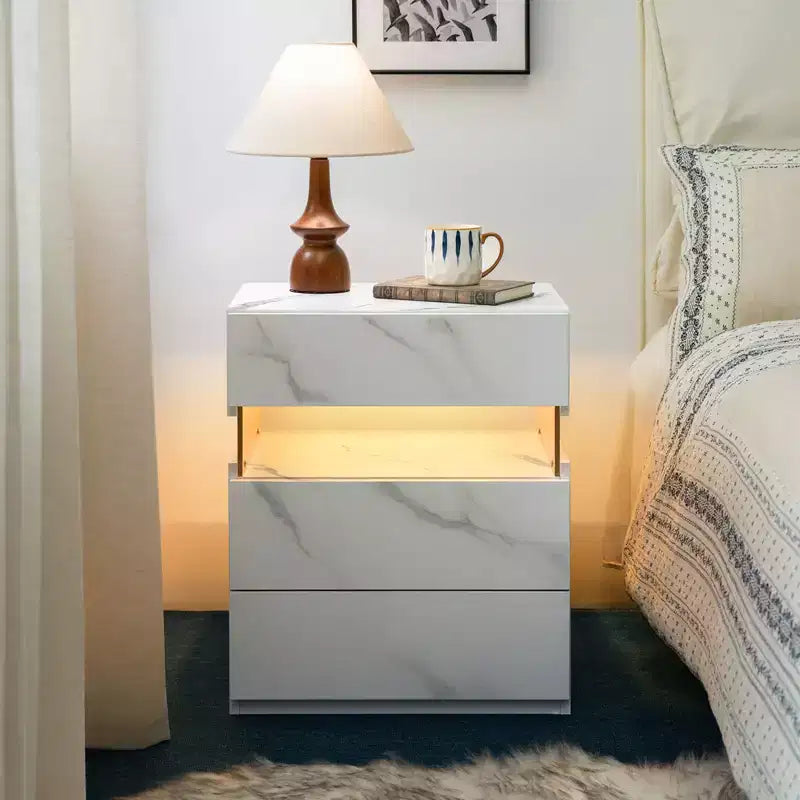 Comodino moderno con pannello in acrilico e 3 cassetti a LED