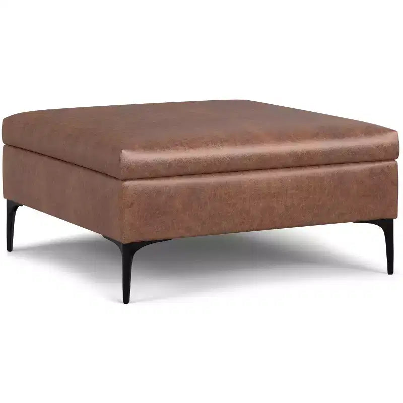 Lilah 36 inch Wide Contemporary Square Mid Century Coffee Table Storage Ottoman with Lift Up Lid in Distressed Saddle Brown Vegan Faux Leather