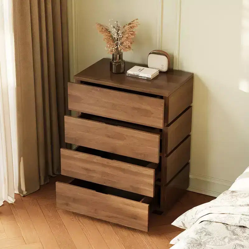 Comodino con 4 cassetti stile rustico, Cassettiera per la camera da letto, Comodino alto, Colore noce