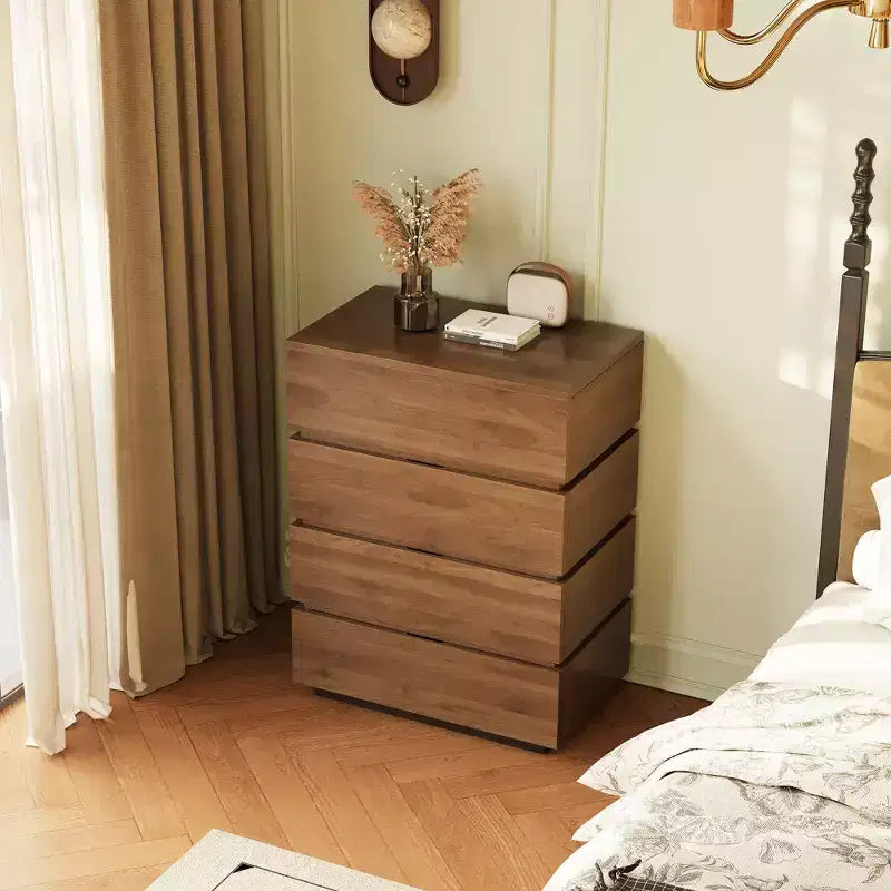 Comodino con 4 cassetti stile rustico, Cassettiera per la camera da letto, Comodino alto, Colore noce