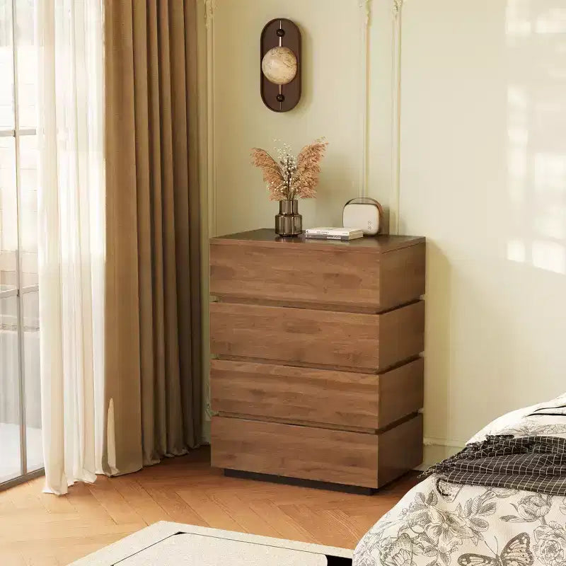Comodino con 4 cassetti stile rustico, Cassettiera per la camera da letto, Comodino alto, Colore noce