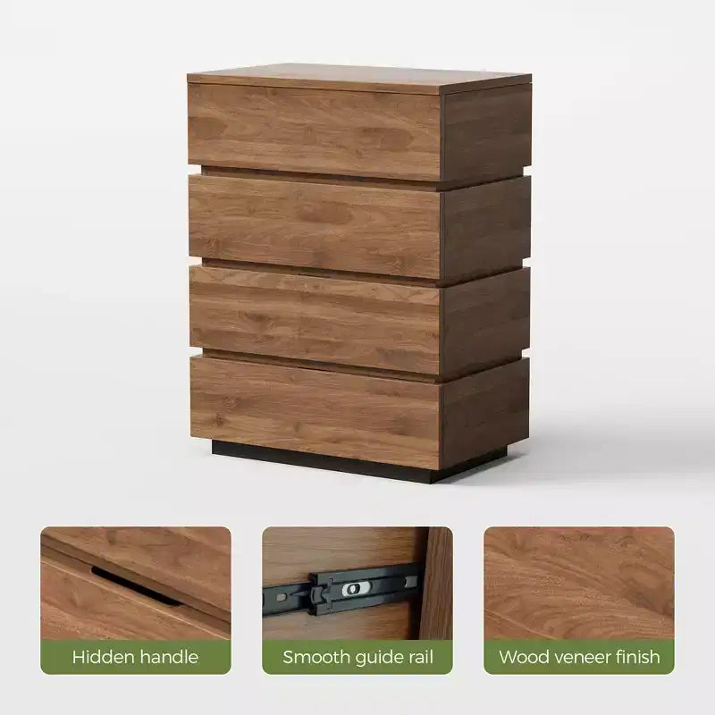 Comodino con 4 cassetti stile rustico, Cassettiera per la camera da letto, Comodino alto, Colore noce