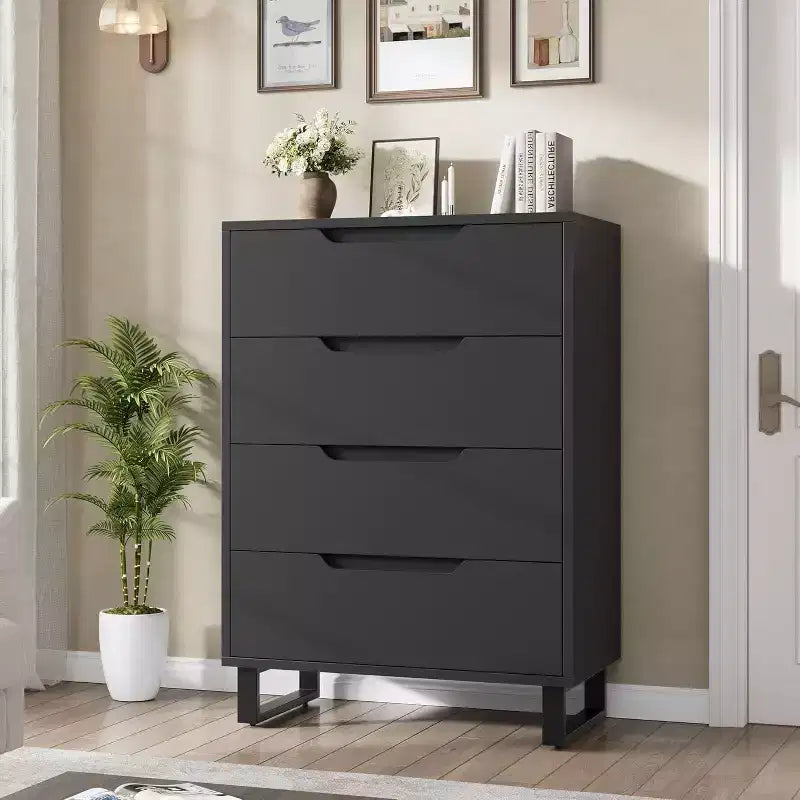4 Drawer Tall Dresser 41.5 Inch Vertical Wooden Storage Cabinet with Freestanding Design for Bedroom, Living Room, Hallway, and Entryway,Black