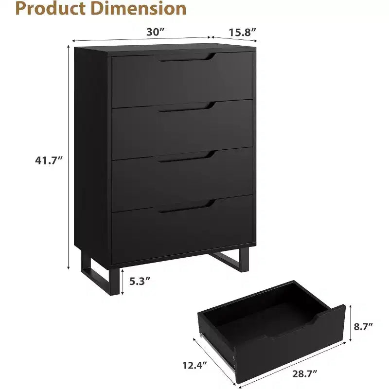 Cassettiera a 4 cassetti, mobile contenitore verticale da 105 cm, design autoportante, nero