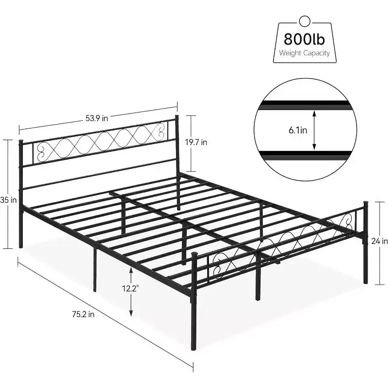Telaio del letto in metallo a piattaforma full size con testiera e pediera