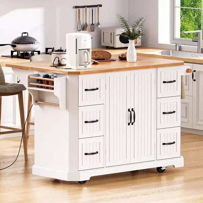 Isola da Cucina con Rotelle da 56 Pollici, Ante a Ribalta, Presa Elettrica e 6 Cassetti
