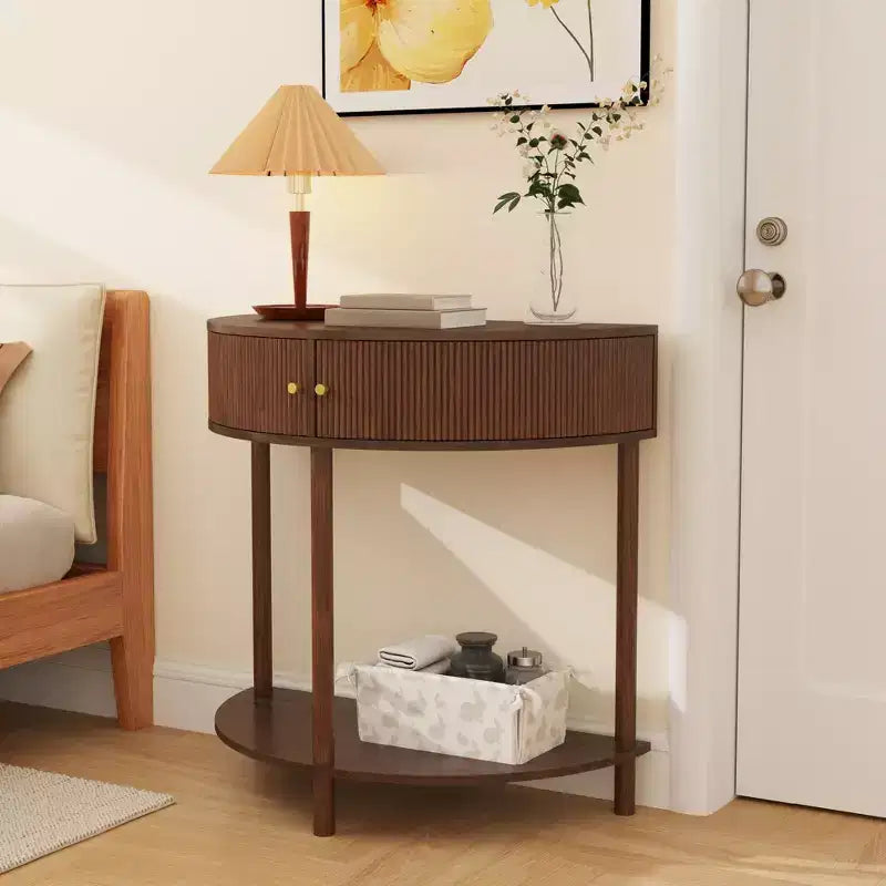 Consolle a mezzaluna con anta scorrevole in rattan – Tavolino per camera da letto e soggiorno