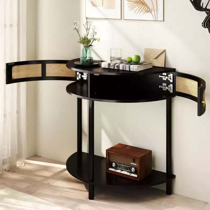Consolle a mezzaluna con anta scorrevole in rattan – Tavolino per camera da letto e soggiorno