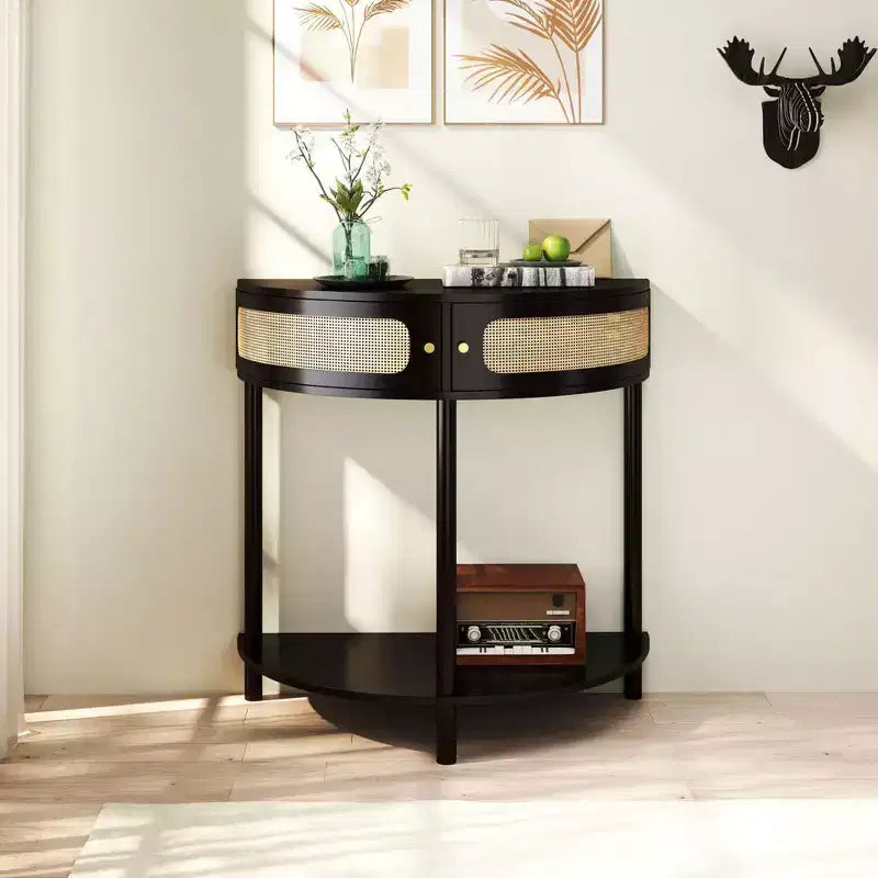 Consolle a mezzaluna con anta scorrevole in rattan – Tavolino per camera da letto e soggiorno