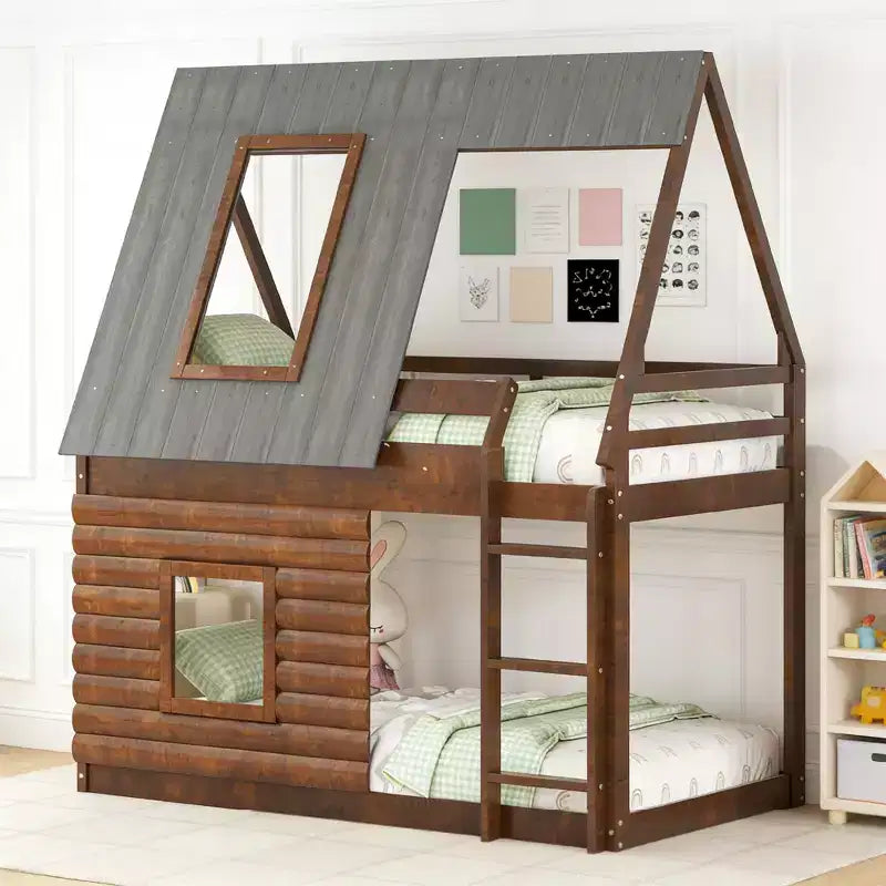 Luxystar Twin Size Wood House Bunk Bed with Roof, 2 Windows and Ladder, Oak and Grey