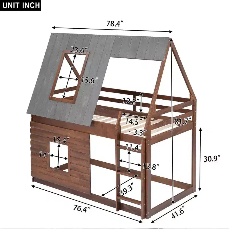 Letto a castello in legno con tetto, finestre e scaletta, da singolo a singolo – Rovere e grigio