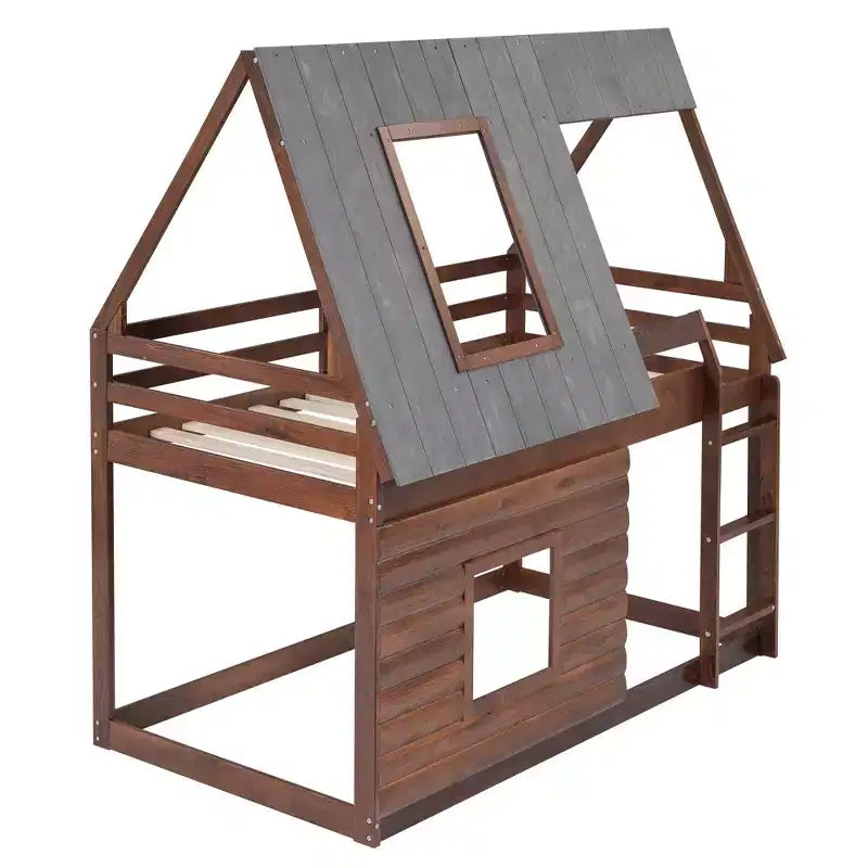 Letto a castello in legno con tetto, finestre e scaletta, da singolo a singolo – Rovere e grigio