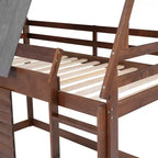 Letto a castello in legno con tetto, finestre e scaletta, da singolo a singolo – Rovere e grigio