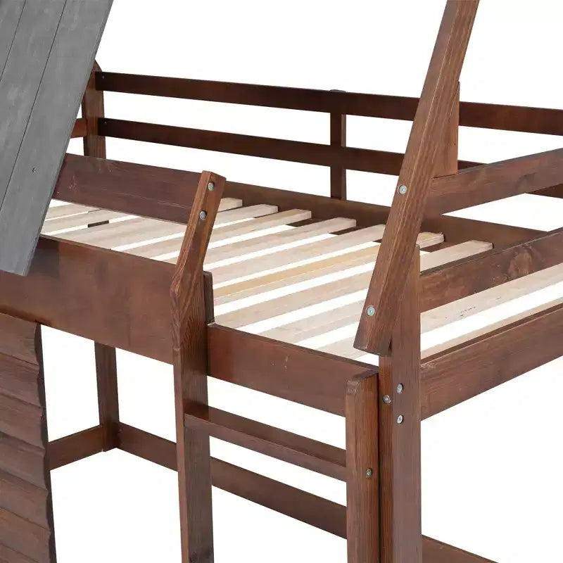 Letto a castello in legno con tetto, finestre e scaletta, da singolo a singolo – Rovere e grigio