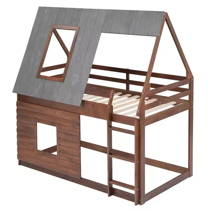 Letto a castello in legno con tetto, finestre e scaletta, da singolo a singolo – Rovere e grigio
