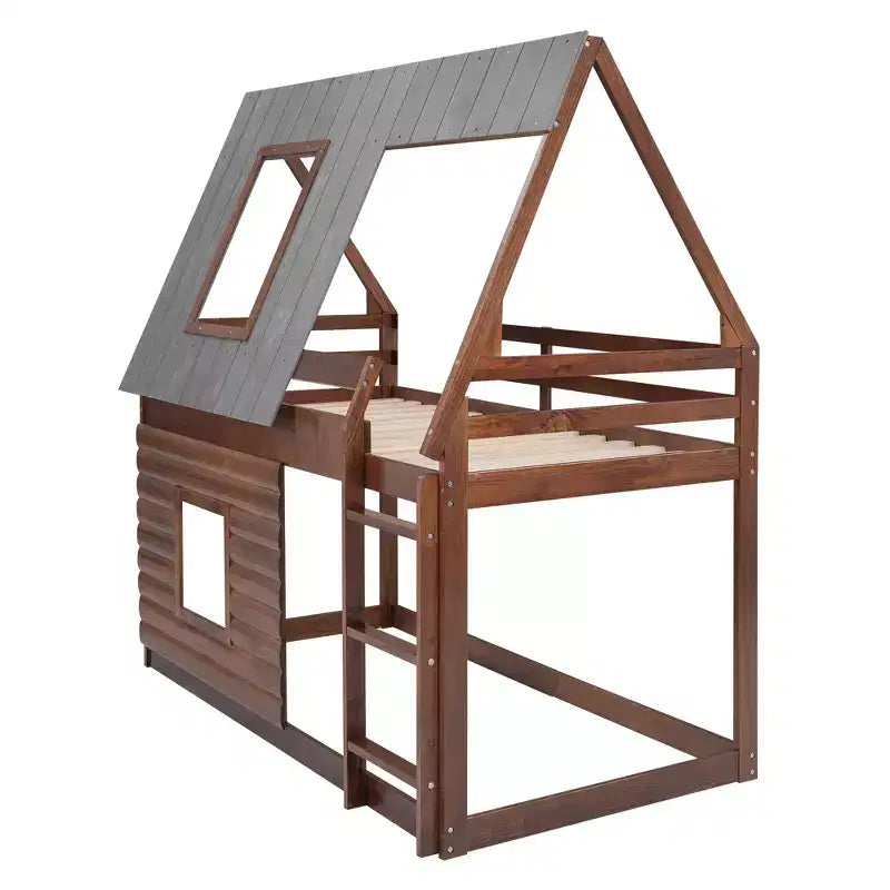 Letto a castello in legno con tetto, finestre e scaletta, da singolo a singolo – Rovere e grigio
