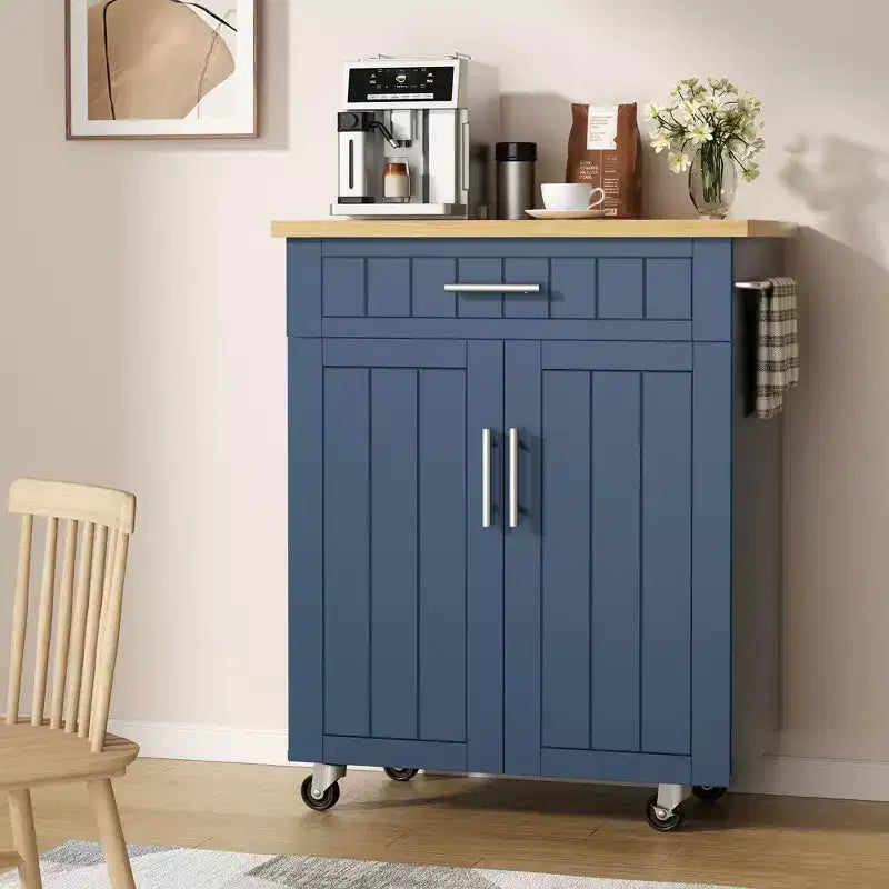 Carrello da Cucina in Legno con Doppio Armadietto, Cassetto e Portasciugamani – Carrello Contenitore su Ruote