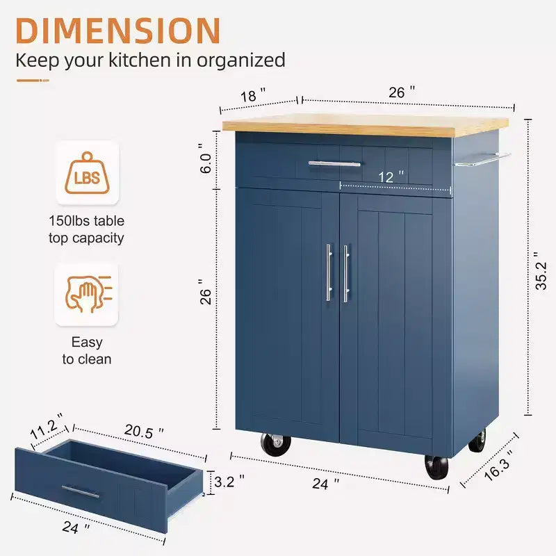 Carrello da Cucina in Legno con Doppio Armadietto, Cassetto e Portasciugamani – Carrello Contenitore su Ruote