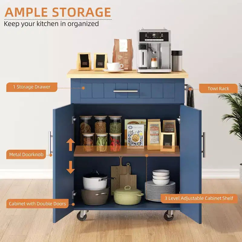 Carrello da Cucina in Legno con Doppio Armadietto, Cassetto e Portasciugamani – Carrello Contenitore su Ruote