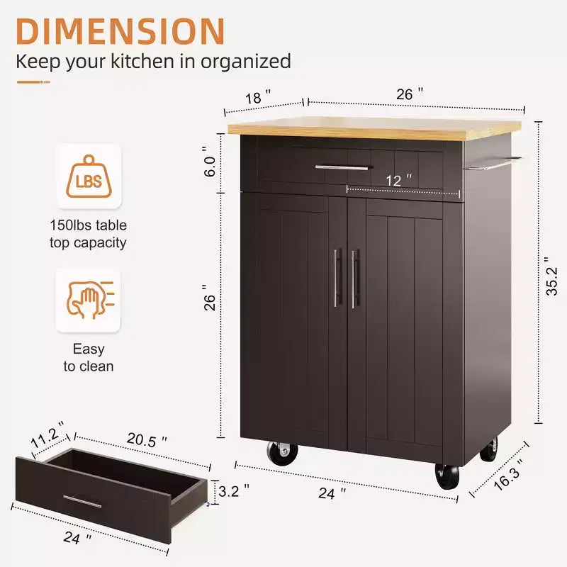 Carrello da Cucina in Legno con Doppio Armadietto, Cassetto e Portasciugamani – Carrello Contenitore su Ruote