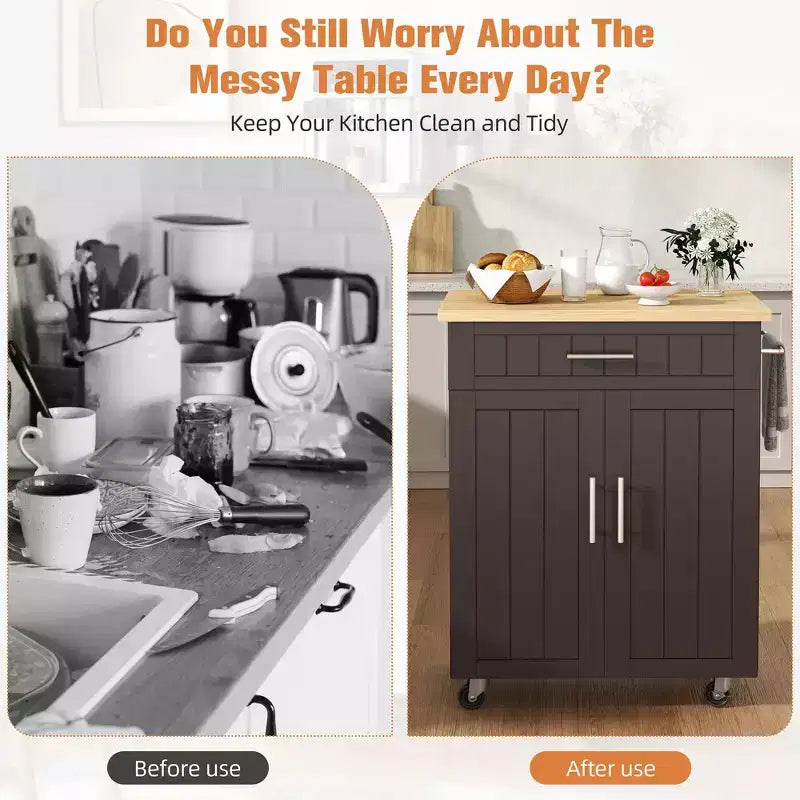 Carrello da Cucina in Legno con Doppio Armadietto, Cassetto e Portasciugamani – Carrello Contenitore su Ruote
